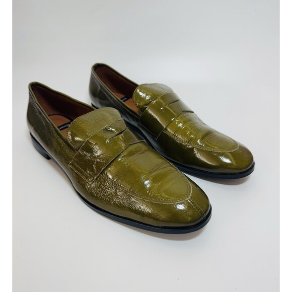 Angel Alarcon Patent Leather Square-Toe Flats moccasins OLIVE  Size 41/10 - Picture 7 of 15